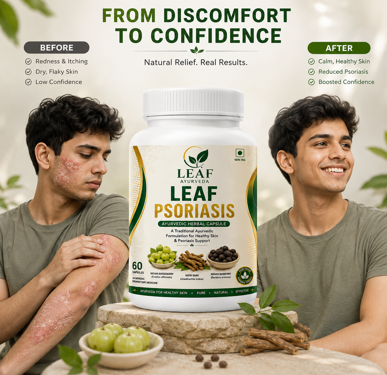 Leaf Psoriasis Ayurvedic Herbal Capsules | Traditional Ayurvedic Skin & Psoriasis Support | 60 Capsules